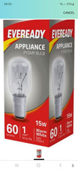 2 x Eveready 15w SBC SMALL BAYONET CAP BULB WARM WHITE NIGHT LIGHT FRIDGE WARM WHITE