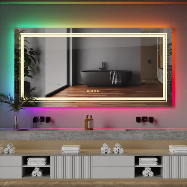 Large Full Size RGB LED Bathroom Mirror with Lights, Dimmable Wall Mirrors, Smart Anti-Fog, Vertical and Horizontal