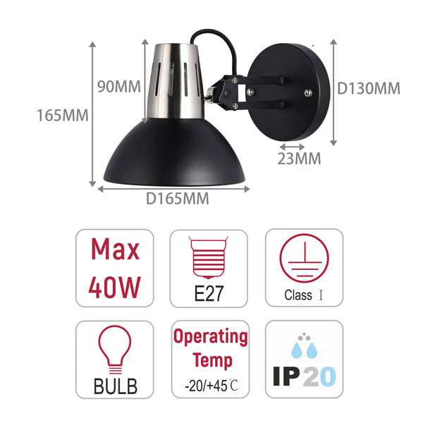 Adjustable Black Wall Light with In-Line Switch