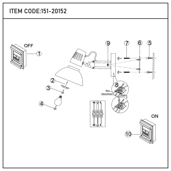 Adjustable Black Wall Light with In-Line Switch