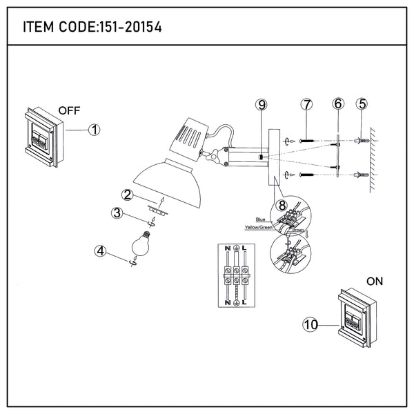 Adjustable Black Wall Light with In-Line Switch