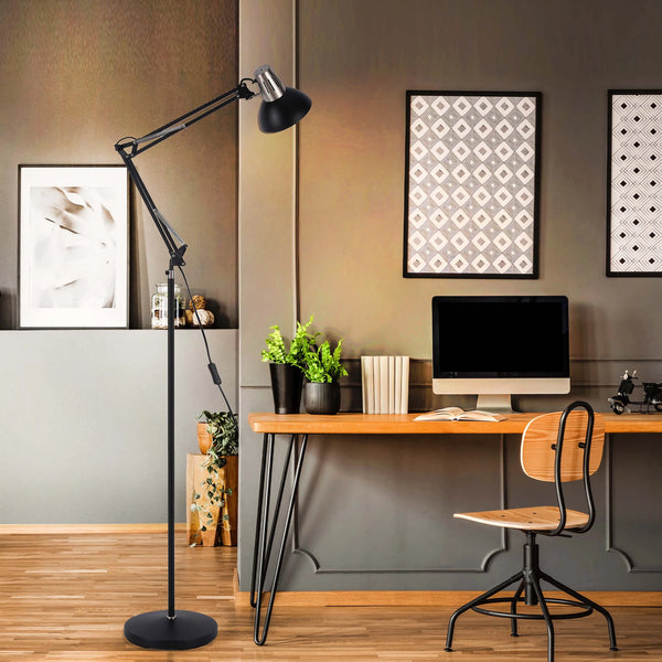 Adjustable Floor Lamp with Extendable Arm & Steel Shade - E27 Fitting
