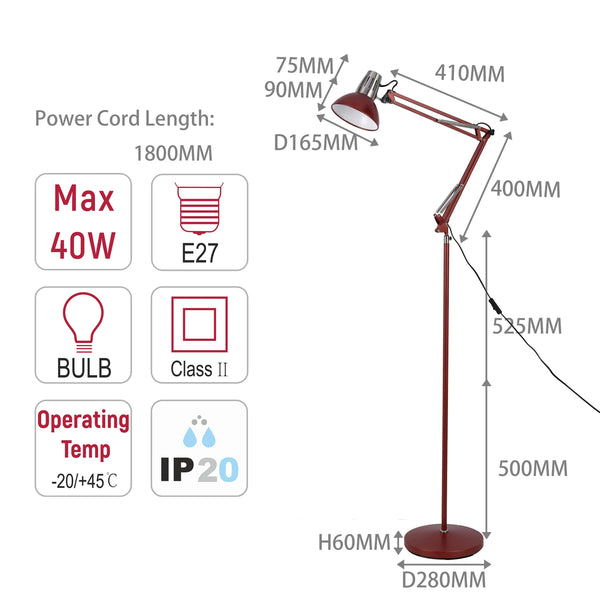 Adjustable Floor Lamp with Extendable Arm & Steel Shade - E27 Fitting