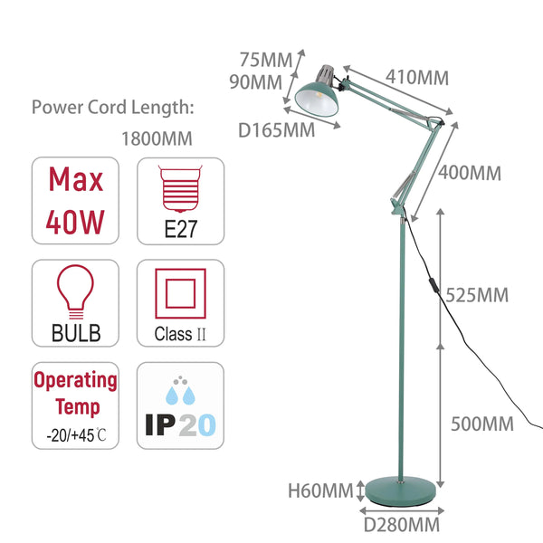 Adjustable Floor Lamp with Extendable Arm & Steel Shade - E27 Fitting