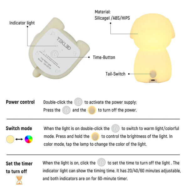 Adorable LED Rechargeable Night Light with Timer and Color-Changing Options