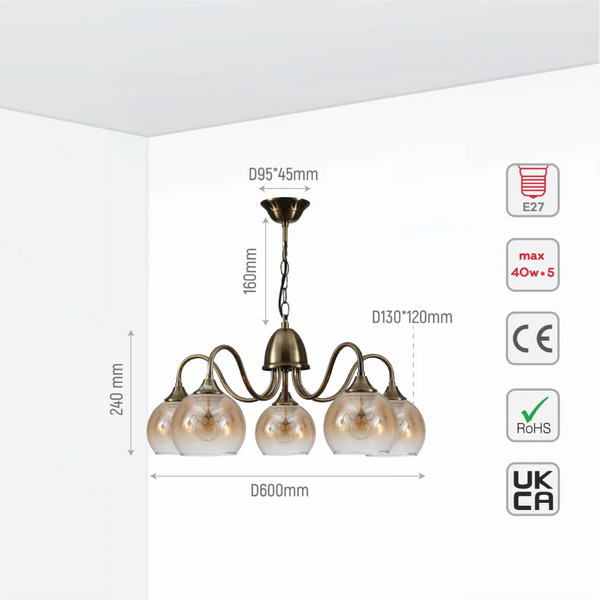 Amber Dome Glass Antique Brass Swan Chandelier Ceiling Light