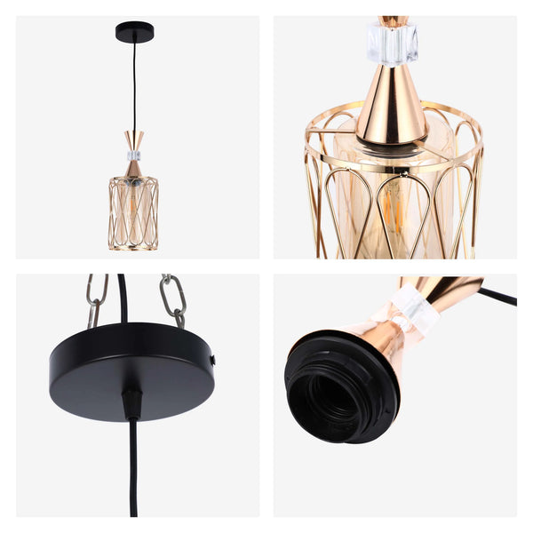 Amber and Gold Cage Modern Cylindrical Pendant Light E27