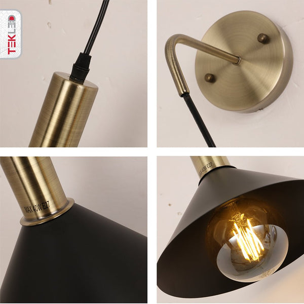 Antique Brass Metal White Black Cone Suspended Wall Light E27 Fitting