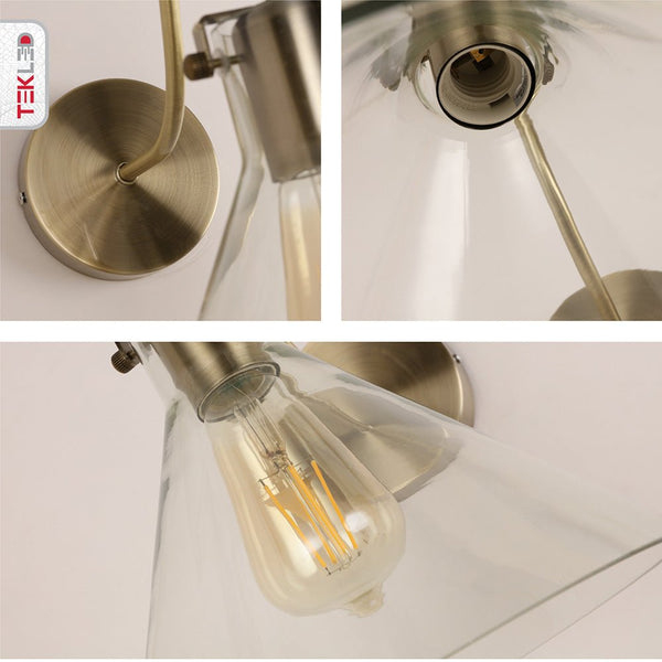 Antique Brass Metal Clear Glass Funnel Wall Light E27 Fitting