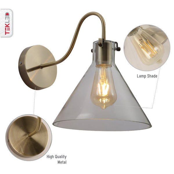 Antique Brass Metal Clear Glass Funnel Wall Light E27 Fitting
