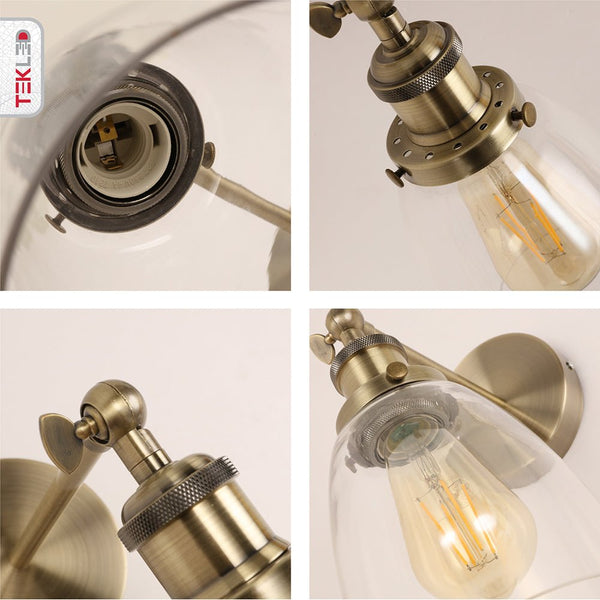 Antique Brass Metal Hinged Clear Glass Hoxton Cone Dome Wall Light