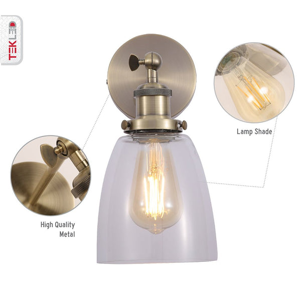 Antique Brass Metal Hinged Clear Glass Hoxton Cone Dome Wall Light