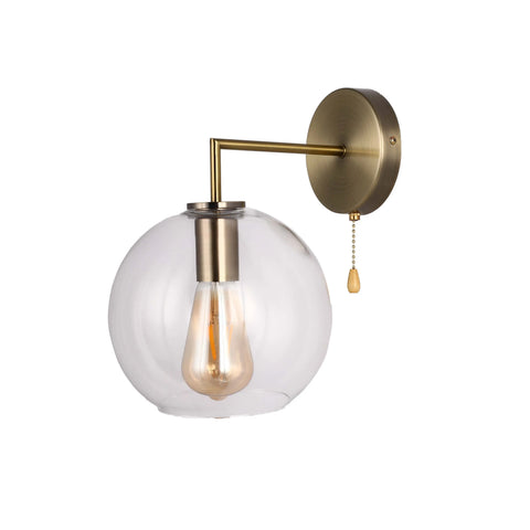 Clear Glass and Antique Brass Wall Light with Pull Chain