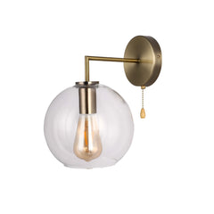 Clear Glass and Antique Brass Wall Light with Pull Chain