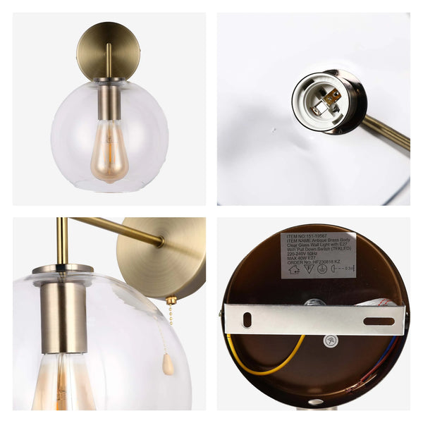 Clear Glass and Antique Brass Wall Light with Pull Chain