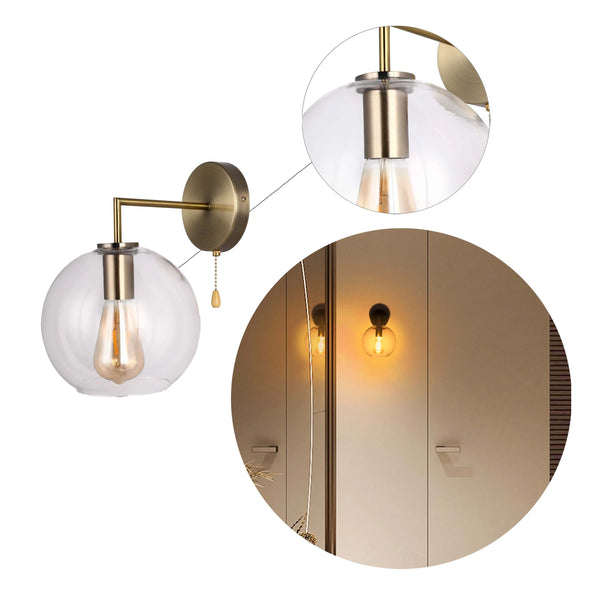 Clear Glass and Antique Brass Wall Light with Pull Chain