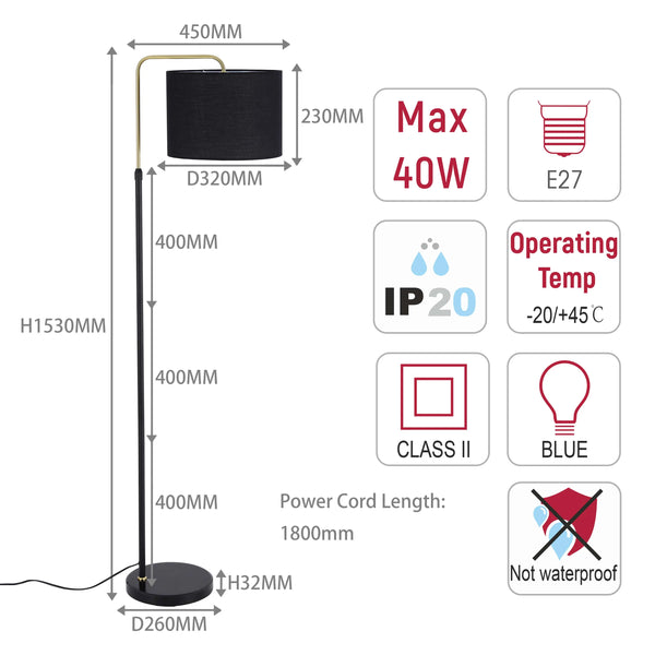 Black and Gold Floor Lamp – E27 Fitting, 1530mm Height