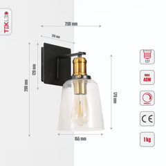 Black Body Clear Glass Cone Wall Light E27 Fitting