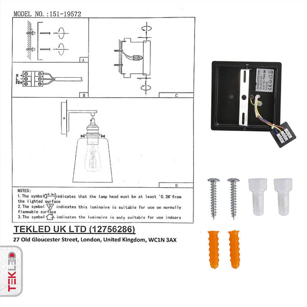 Black Body Clear Glass Cone Wall Light E27 Fitting