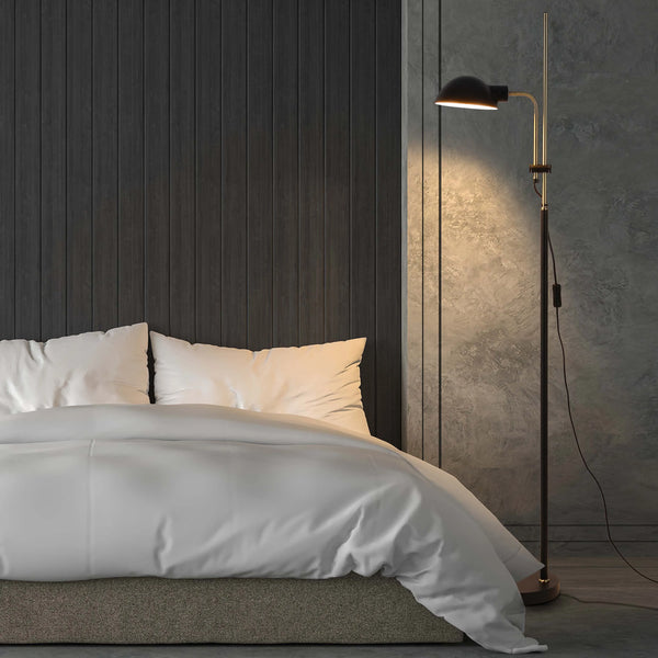 Black and Brass Floor Lamp with Domed Shade