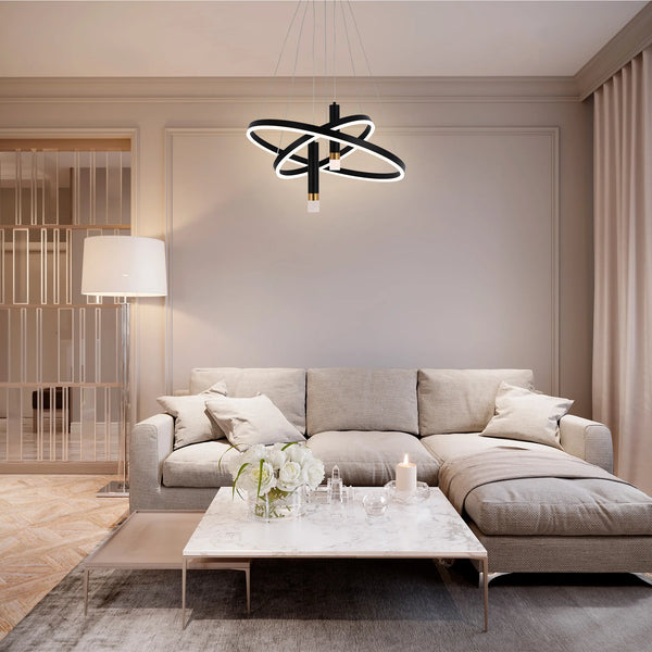 Black and Gold Modern Chandelier with 3 Intersecting Rings - 3CCT