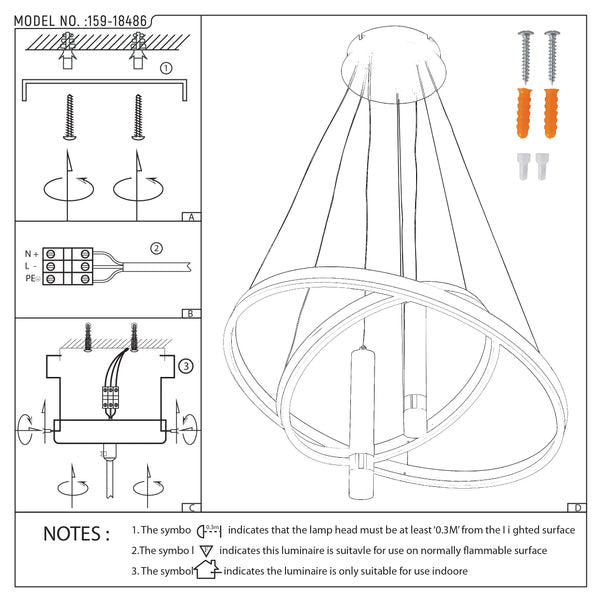 Black and Gold Modern Chandelier with 3 Intersecting Rings - 3CCT