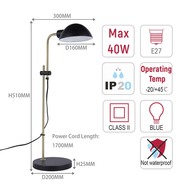 Black and Brass Desk Lamp – E27 Fitting, 510mm Height, Dimmable