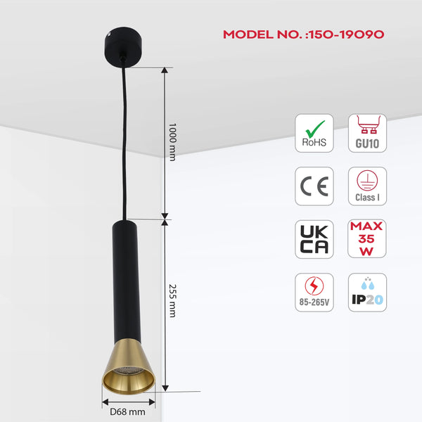 Black & Gold Single Pendant Light GU10