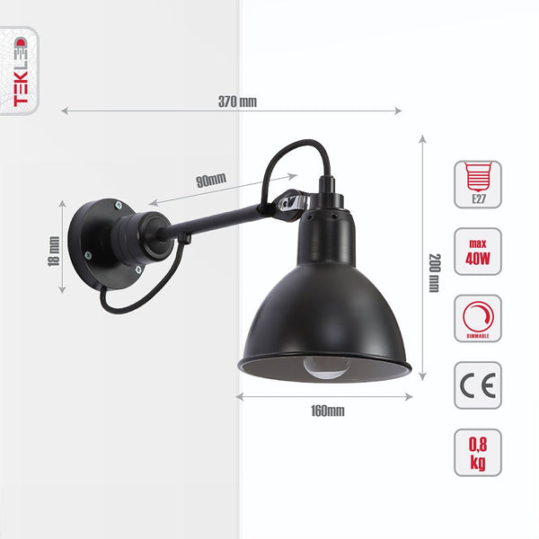 Black Hinged Metal Dome Wall Light E27 Fitting