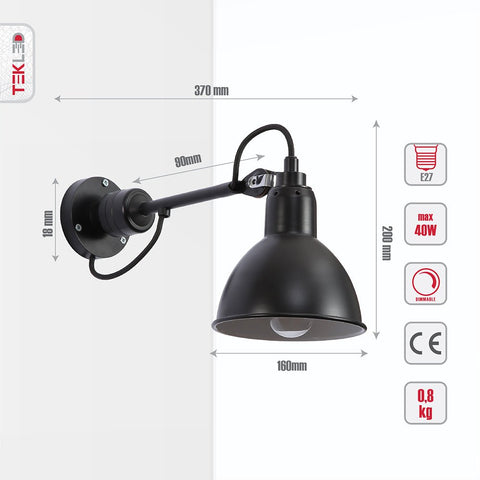 Black Hinged Metal Dome Wall Light E27 Fitting