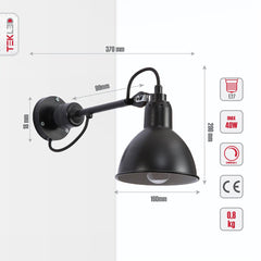 Black Hinged Metal Dome Wall Light E27 Fitting