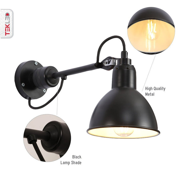 Black Hinged Metal Dome Wall Light E27 Fitting