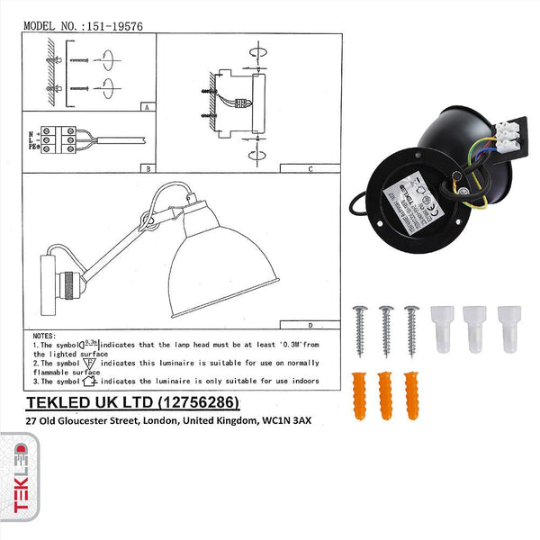 Black Hinged Metal Dome Wall Light E27 Fitting