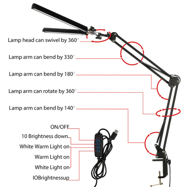Black LED Long Arm Dimming Desk Light 10W 3000-6000K TEKLED