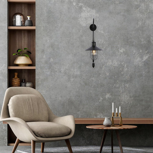 Black Metal Caged Funnel Pulley Wall Light E27 Fitting
