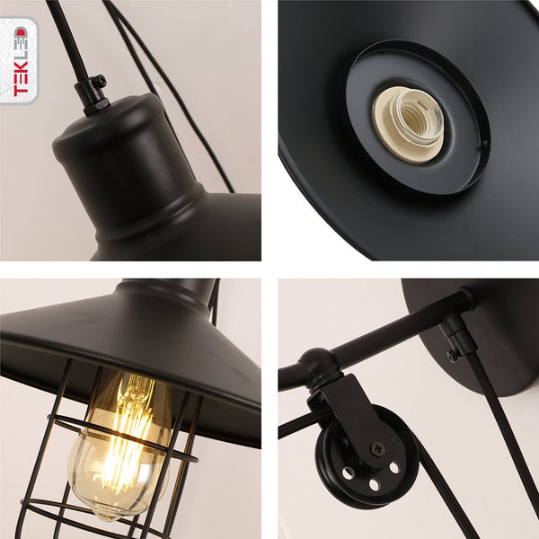 Black Metal Caged Funnel Pulley Wall Light E27 Fitting
