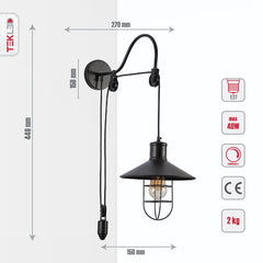 Black Metal Caged Funnel Pulley Wall Light E27 Fitting