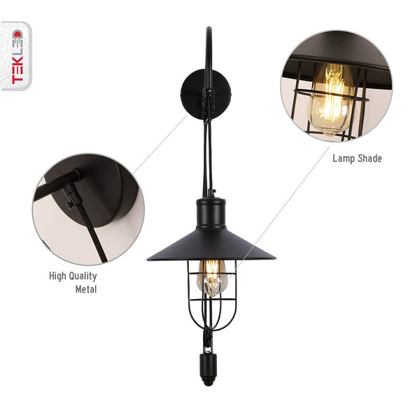 Black Metal Caged Funnel Pulley Wall Light E27 Fitting