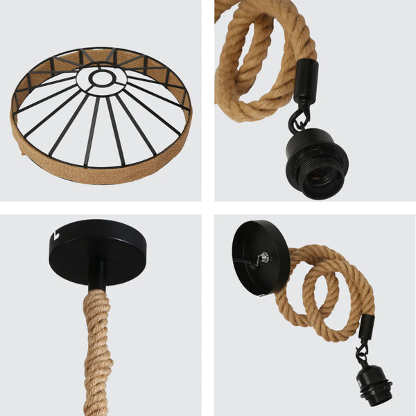 Black Metal Hemp Rope Cage Pendant Ceiling Light E27