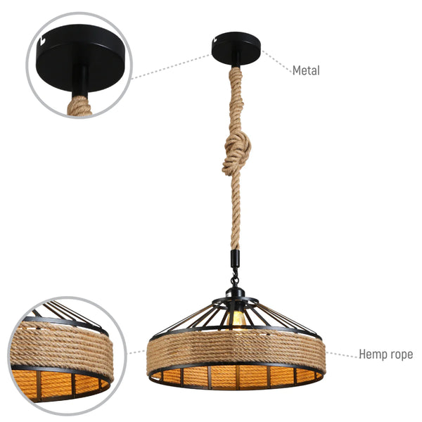 Black Metal Hemp Rope Cage Pendant Ceiling Light E27