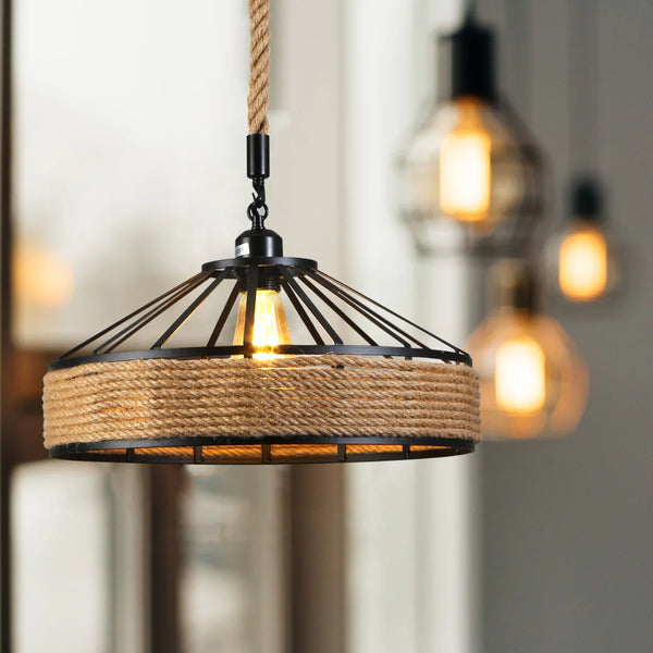 Black Metal Hemp Rope Cage Pendant Ceiling Light E27