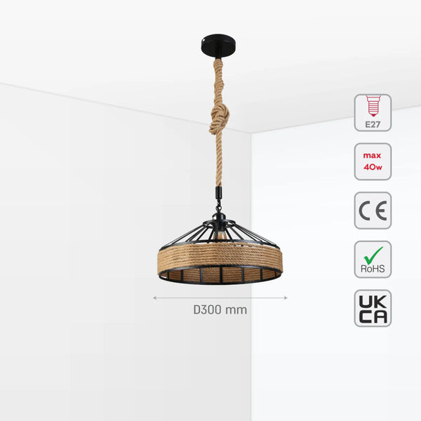 Black Metal Hemp Rope Cage Pendant Ceiling Light E27