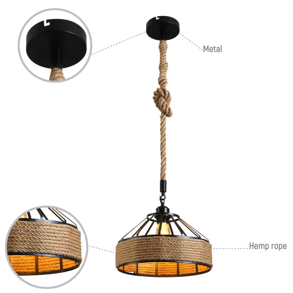 Black Metal Hemp Rope Cage Pendant Ceiling Light E27
