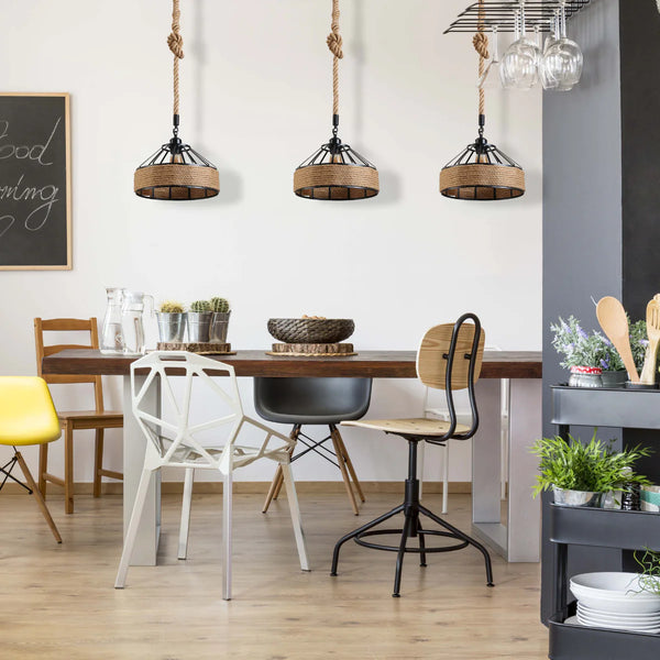 Black Metal Hemp Rope Cage Pendant Ceiling Light E27