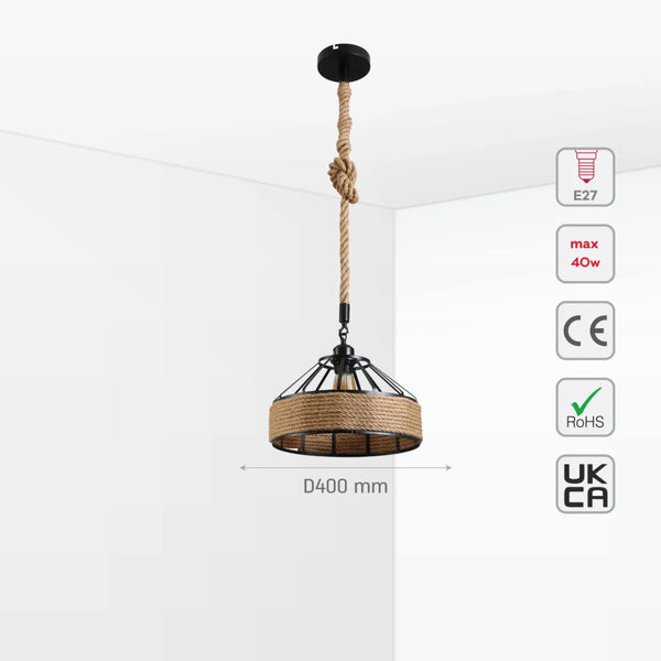 Black Metal Hemp Rope Cage Pendant Ceiling Light E27