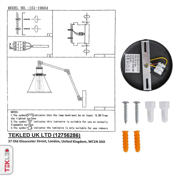 Metal Hinged Cone Wall Light E27 Fitting