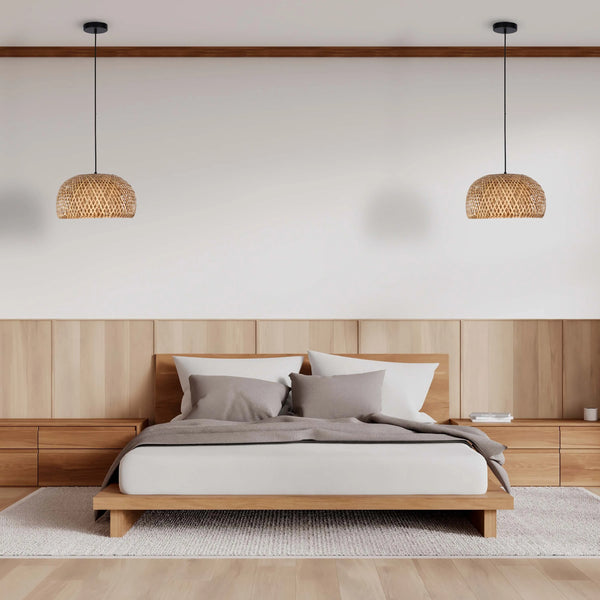 Black and Natural Woven Bamboo Dome Pendant Light - E27, Adjustable Suspension