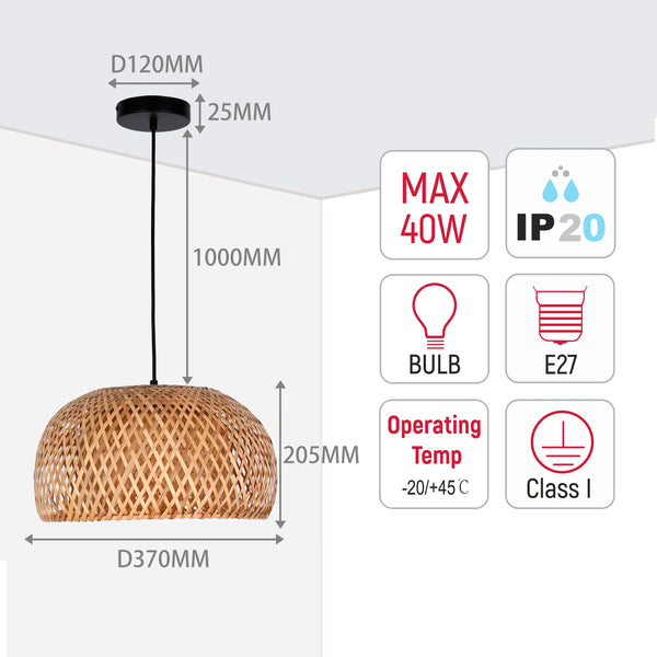 Black and Natural Woven Bamboo Dome Pendant Light - E27, Adjustable Suspension