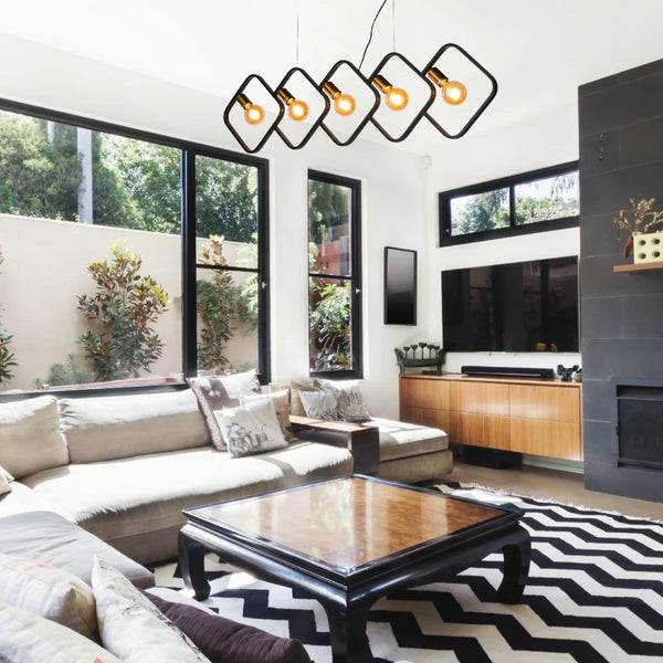Black Square Pendant Light - Dual-tone 5-Holder Island Chandelier