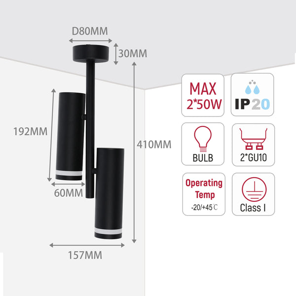 Black & White Twin Head Spotlight Ceiling Light GU10